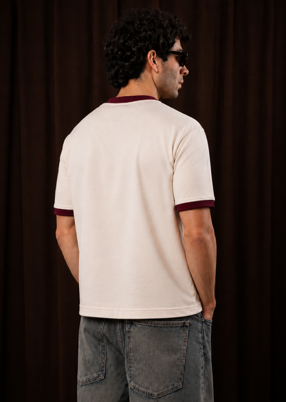 Dryft Club Plain Ringer Tee — Off White / Maroon