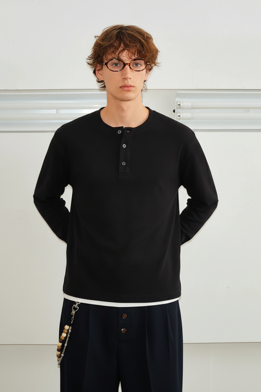 Black Henley Front Facing No Underlayer
