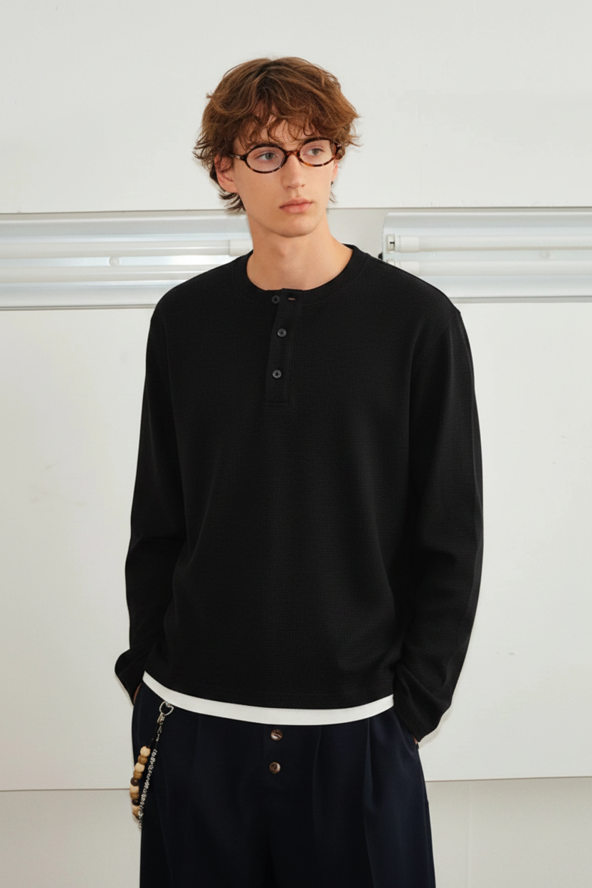 Black Henley No Ribbing No Underlayer