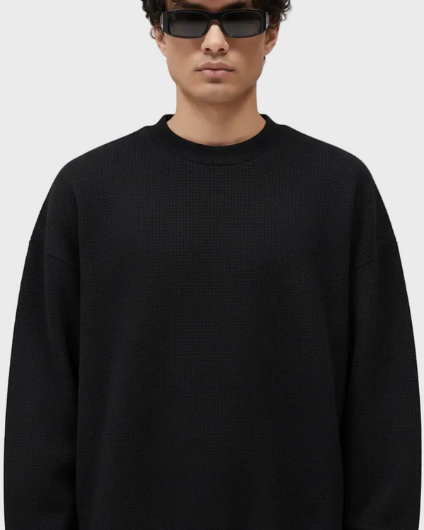 Black Waffle Crewneck Close Up White BG