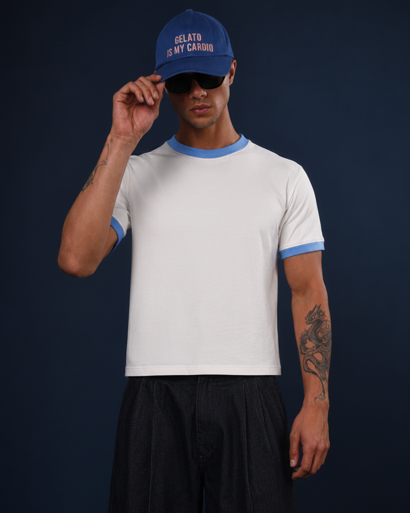 Plain White Blue Ringer Tee - Cap Pose