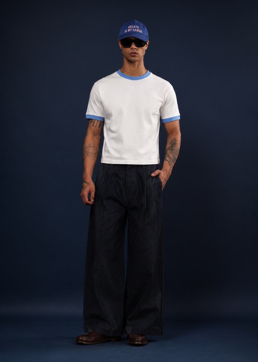 Plain White Blue Ringer Tee - No Print