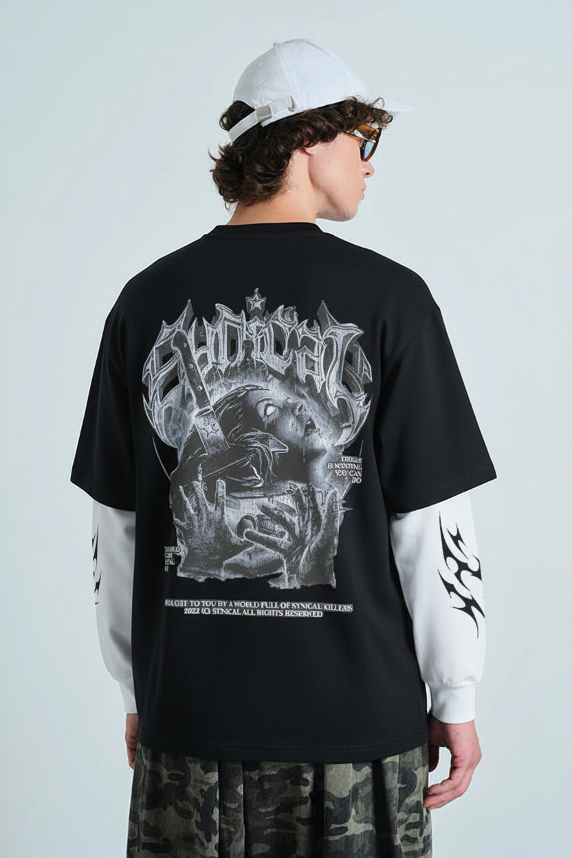Syndicate Graphic Oversized T-Shirt - Black with Tribal Sleeves