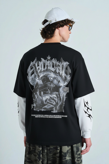 Syndicate Graphic Oversized T-Shirt - Black with Tribal Sleeves