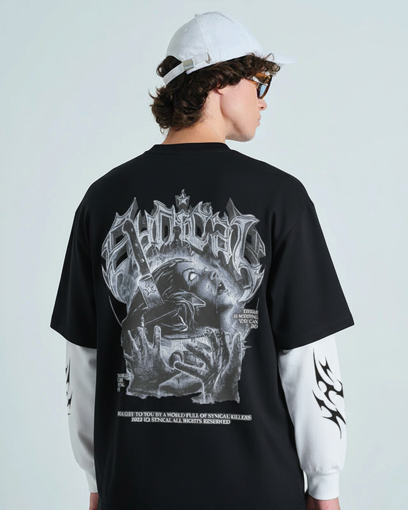 Syndicate Graphic Oversized T-Shirt - Black with Tribal Sleeves