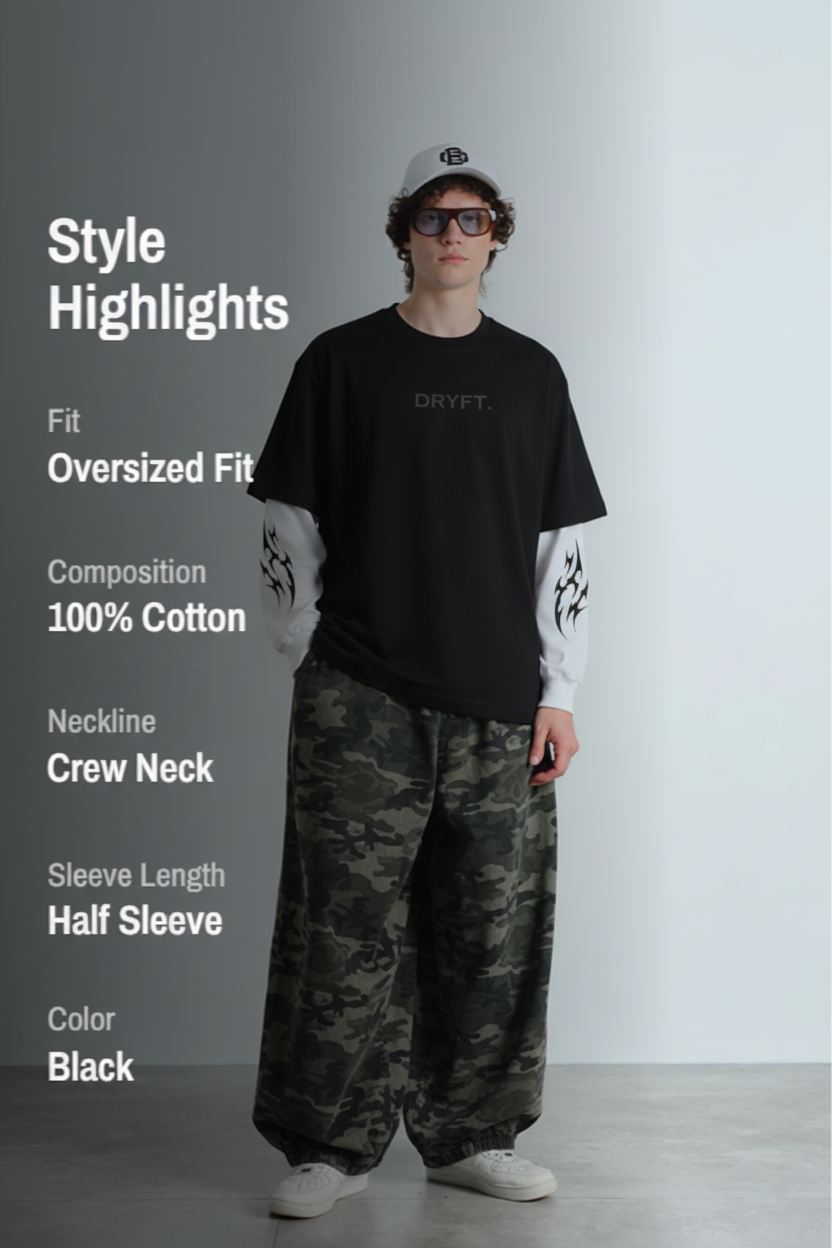 Syndicate Graphic Oversized T-Shirt - Black with Tribal Sleeves