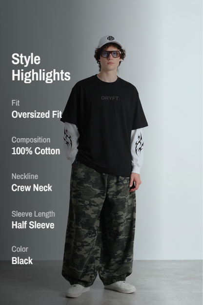 Syndicate Graphic Oversized T-Shirt - Black with Tribal Sleeves